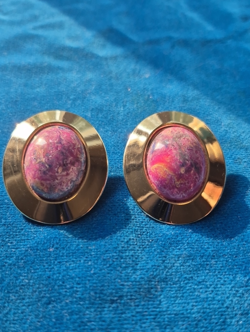 Silver tone clip Earrings with Pink Marble Cabochons